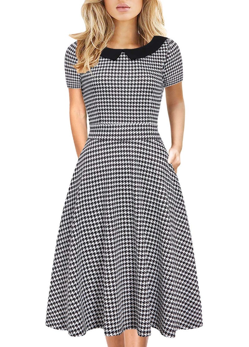 HELYO Church Dresses for Women Vintage Casual Peter Pan Collar Fit and Flare Work Party A-Line Swing Dress with Pockets 978 (Houndstooth, XXL) - Image 1